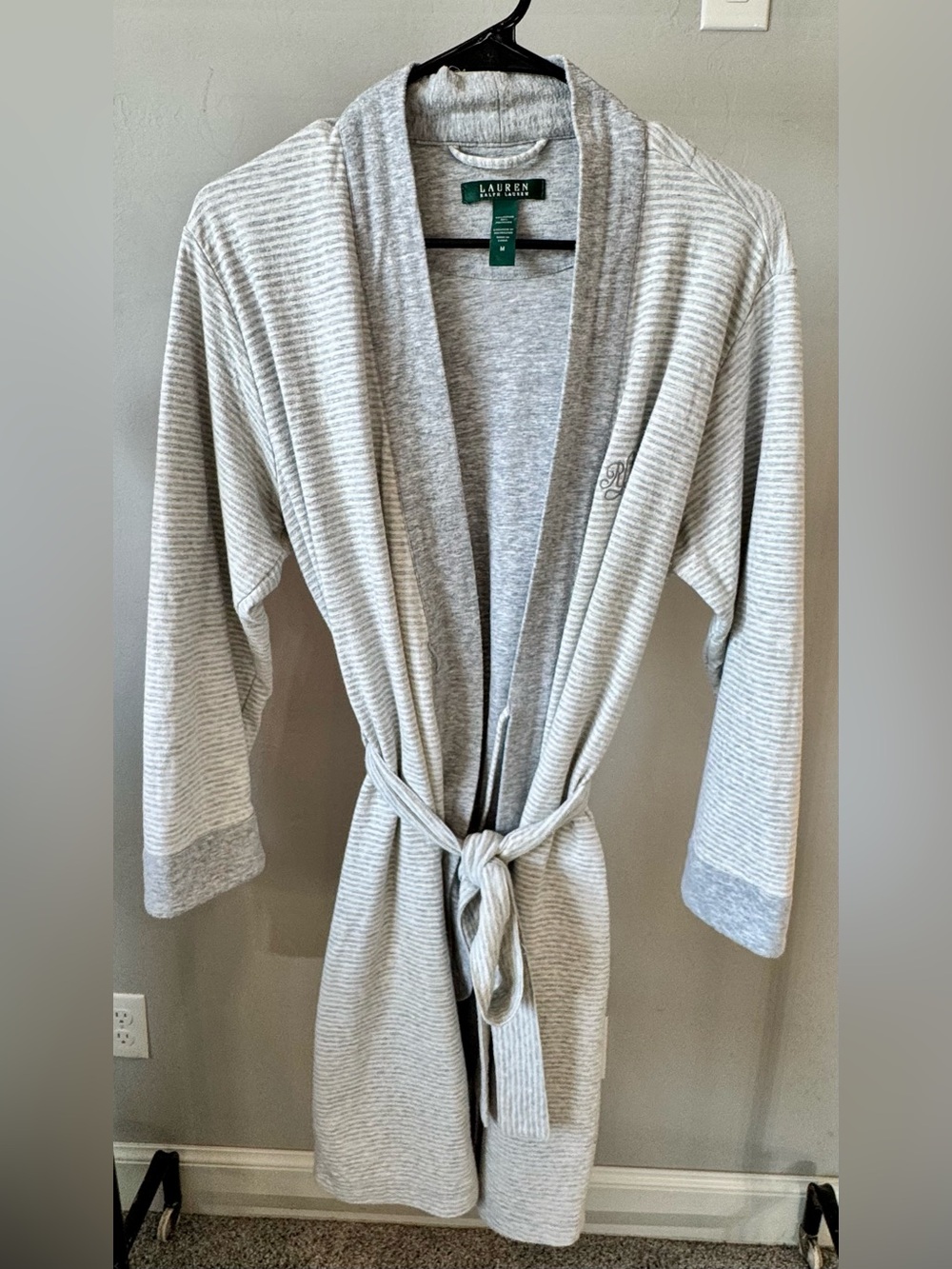 Lauren Ralph Lauren Women’s Gray/White Striped Knit Belted Kimono Robe